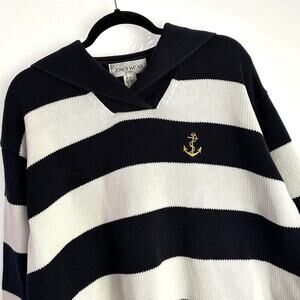 Vintage Jones Wear Cotton‎ Nautical Anchor Navy White Stripe V-Neck Knit Sweater